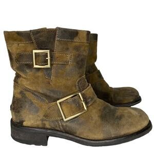 Jimmy Choo Biker Moto Boots Brown Tan Suede Camo Leather Combat EU 36